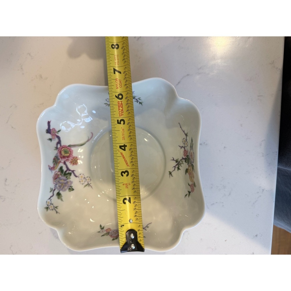 Bernardaud Limoges France Pekin Square Scalloped Floral Bird Porcelain Bowl 7in - Picture 3 of 3